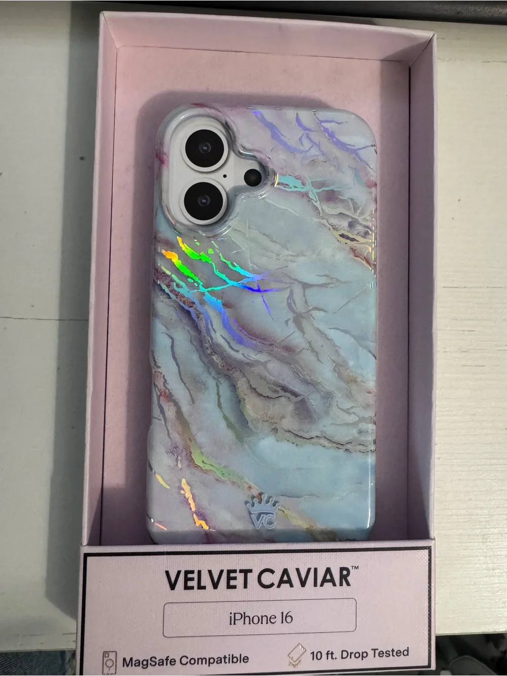 Velvet Caviar Iridescent Marble iPhone Case 16 Light Blue & Holographic Accents